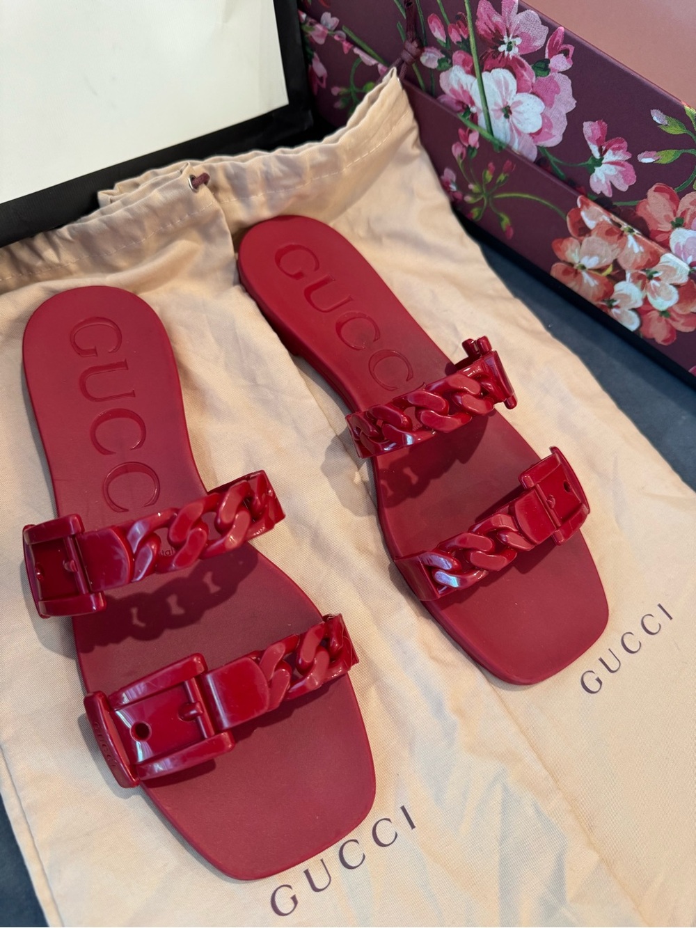 Gucci Red Chain-Link Double Strap Slide Sandals